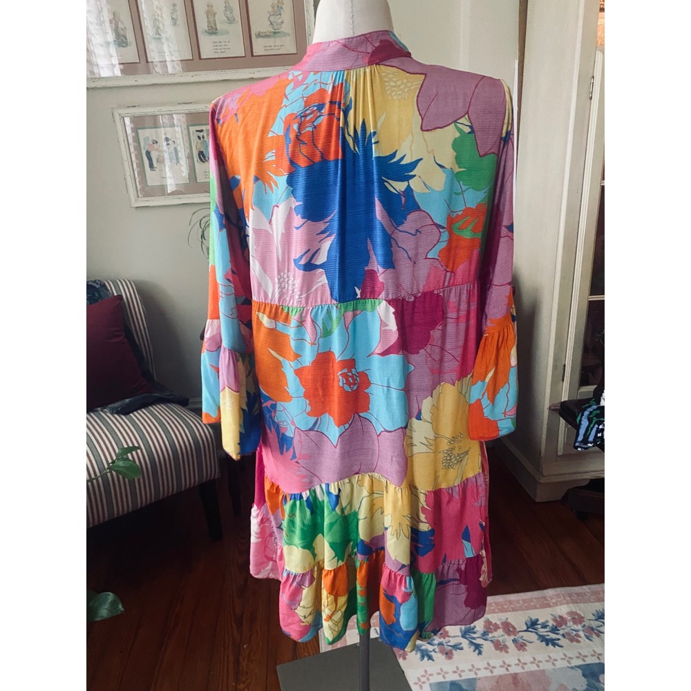 Floral Patchwork Tiered Mini Dress Multi Color Bell Sleeve Boho Babydoll sz L - Picture 6 of 8